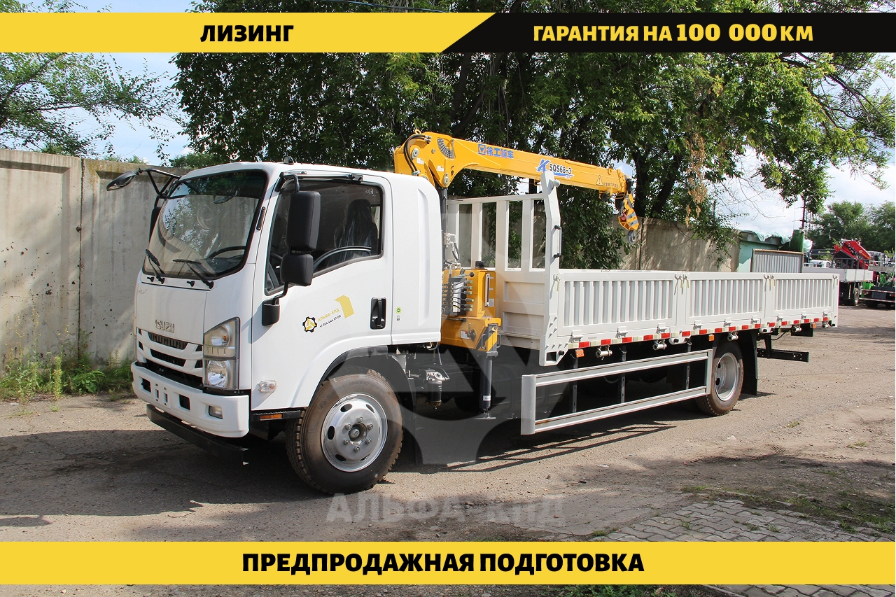 Бортовой автомобиль на шасси Isuzu Elf 4х2, 190 л.с, борт 6.3 м, с КМУ XCMG 3.2 т